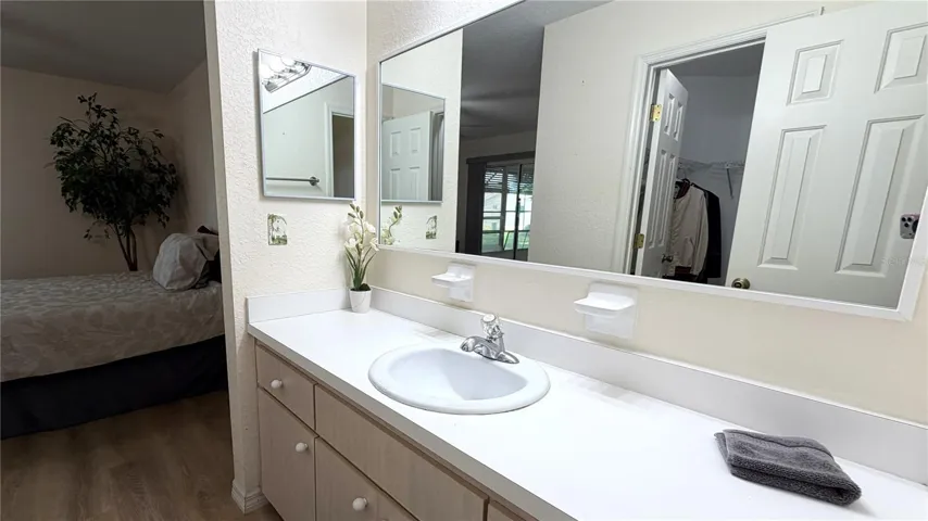 Primary ensuite bath vanity with extended counter space and mirror