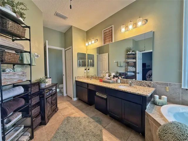 Additional view of primary bathroom with water closet and linen closet in the background, dual sinks with granite countertops and vanity. Space, tray ceiling, ceramic Tile Flooring, Garden tub.
