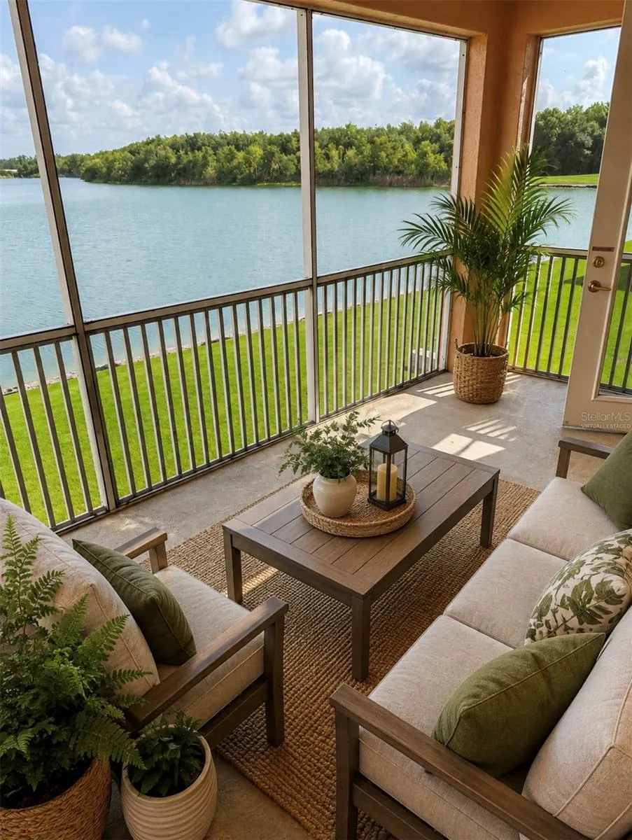 Virtually staged lanai overlooking lake