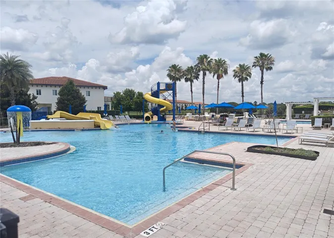 Community pool with slides and fountain