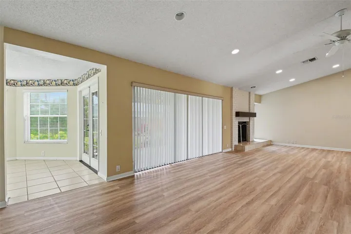 family room and fireplace
