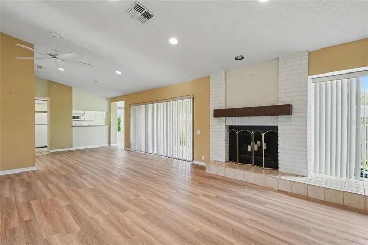 family room and fireplace