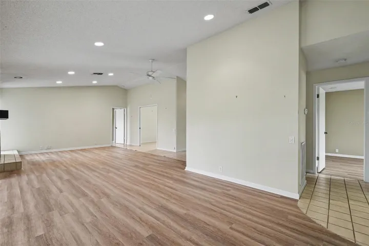 family room and fireplace