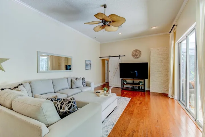 Family room with custom barn door