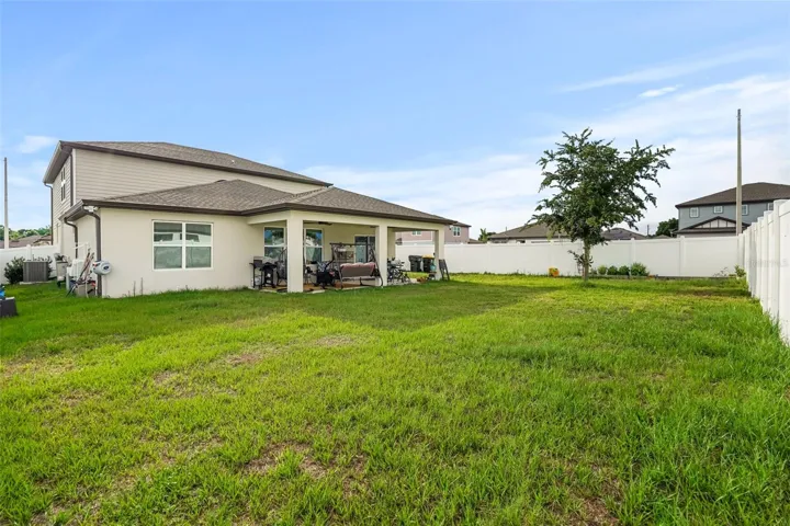 Large backyard with covered patio