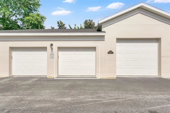 Detached one-car garage. White square outlines location of garage.