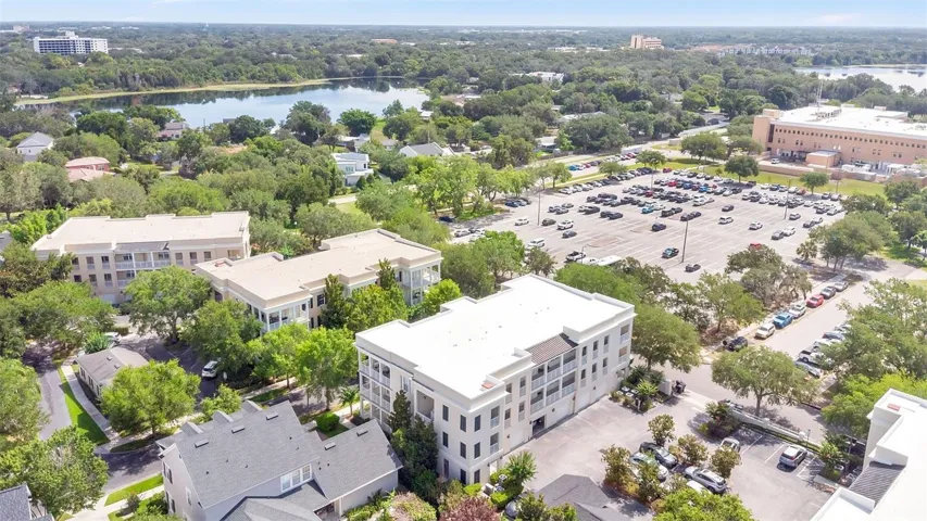 View looking northeast with parking lot in foreground