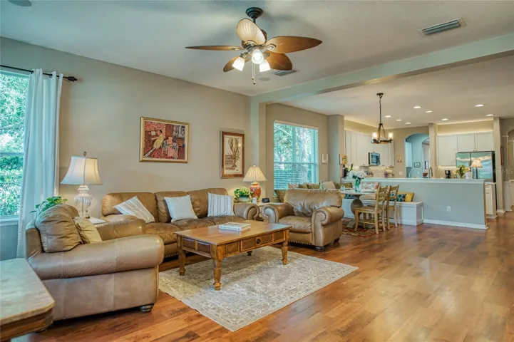 Family room with ceiling fan