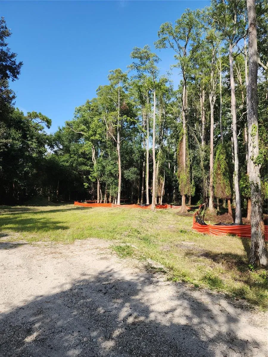 View from the driveway looking east toward the prepared building pad and the east property line. The rear property line measures 177.36 feet. The property includes approximately 0.40 acres of upland area, providing a prepared homesite with usable high ground. Total acres is 1.1 acres.