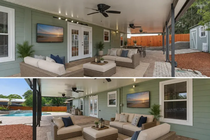 HUGE covered back porch overlooking the sparkling pool! *virtually staged*