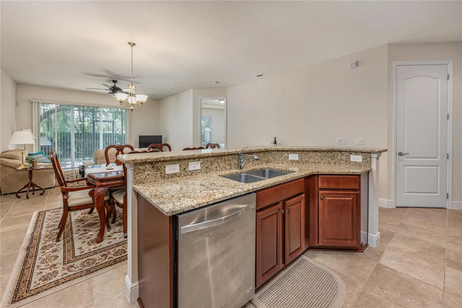 Spacious kitchen looking towards living room