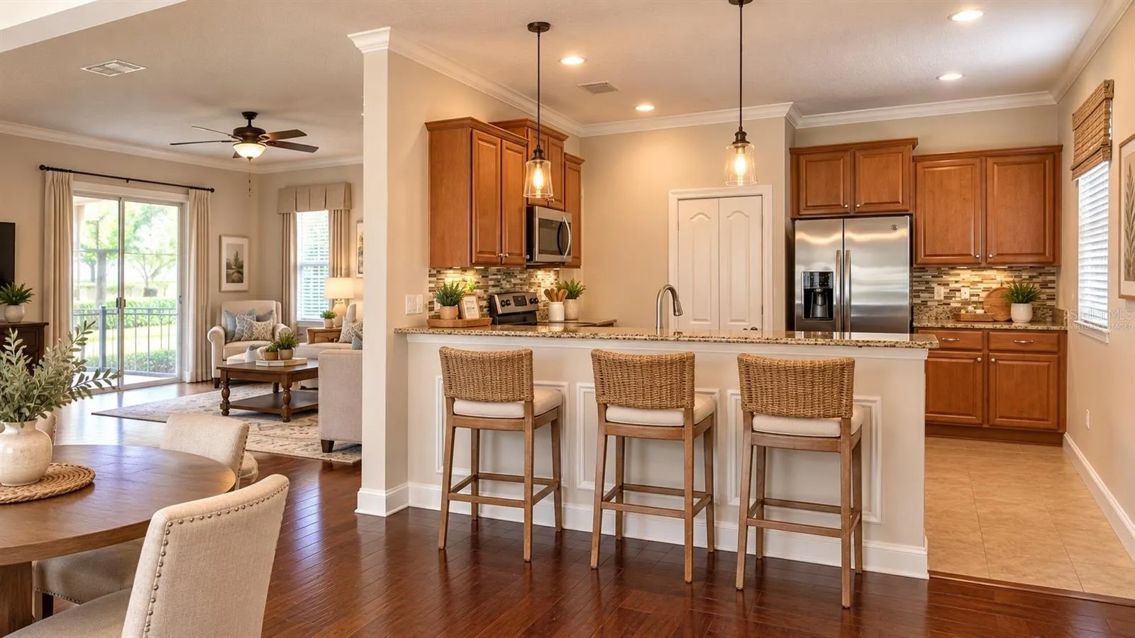 VIRTUALLY STAGED LIVING ROOM, EAT IN KITCHEN AREA,  &amp; KITCHEN