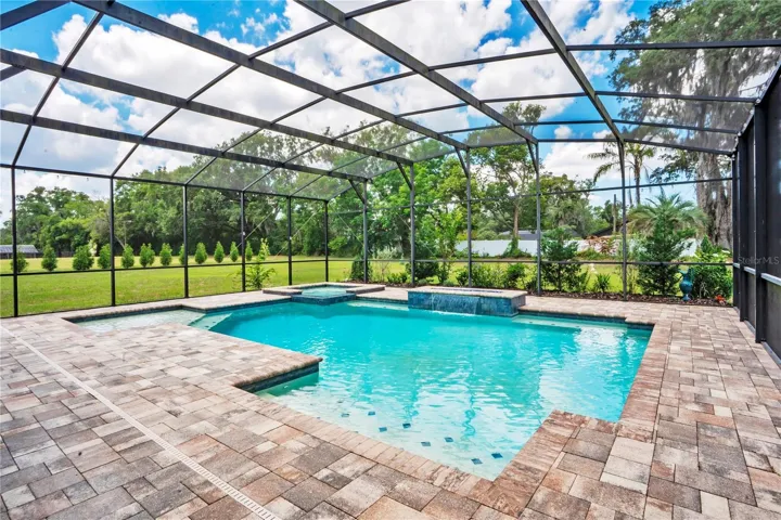 Paver Deck, Screened, Salt Water Pool and Spa, Both Gas Heated, Water and Fire Feature