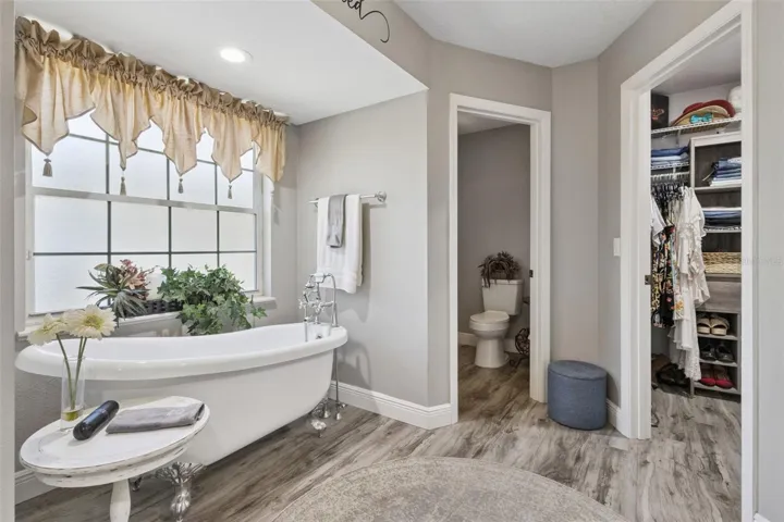 Primary Bathroom Soaking Tub, Water Closet & Her Closet