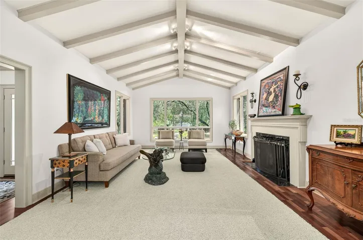 Dramatic vaulted ceiling with exposed beams