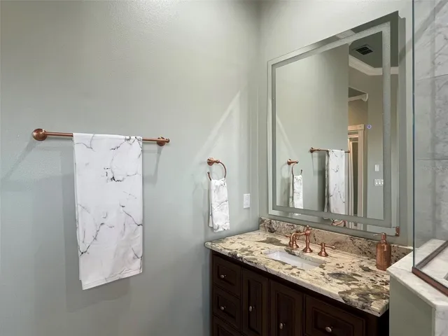 Fully remodeled primary bathroom highlights copper finishes and it is a designers dream.  Two separate vanities with stone counter tops.