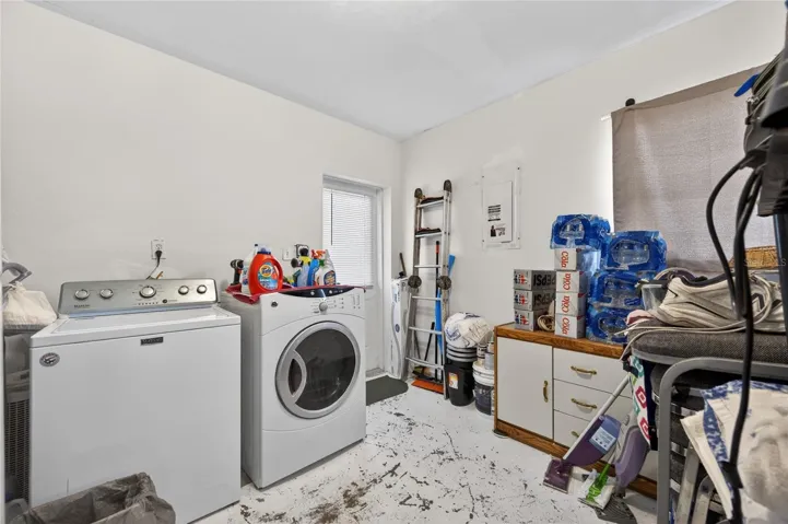 LAUNDRY AND STORAGE SPACE WITH DOOR LEADING TO COVERED PORCH IN POOL CAGE