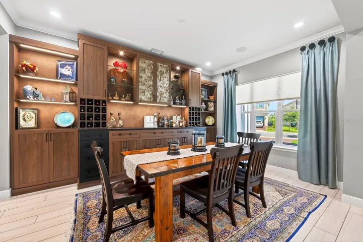 The formal dining space also features custom built-ins.