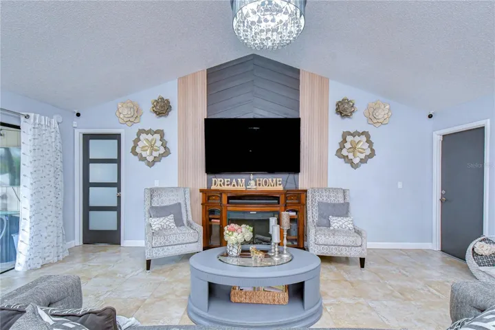 Living room view toward accent wall.
