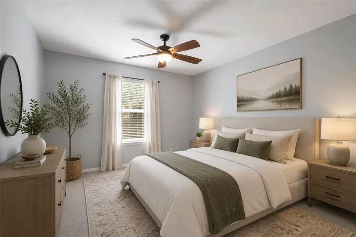 Virtually staged primary bedroom