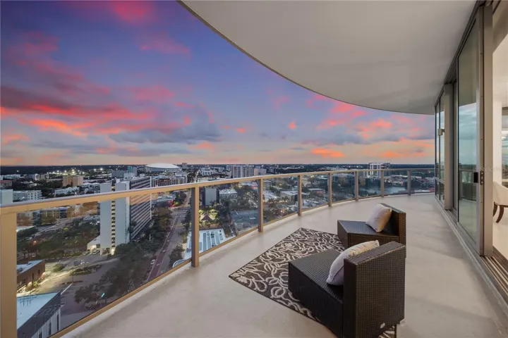 Gulf and South Tampa Bay views over the city at Sunset
