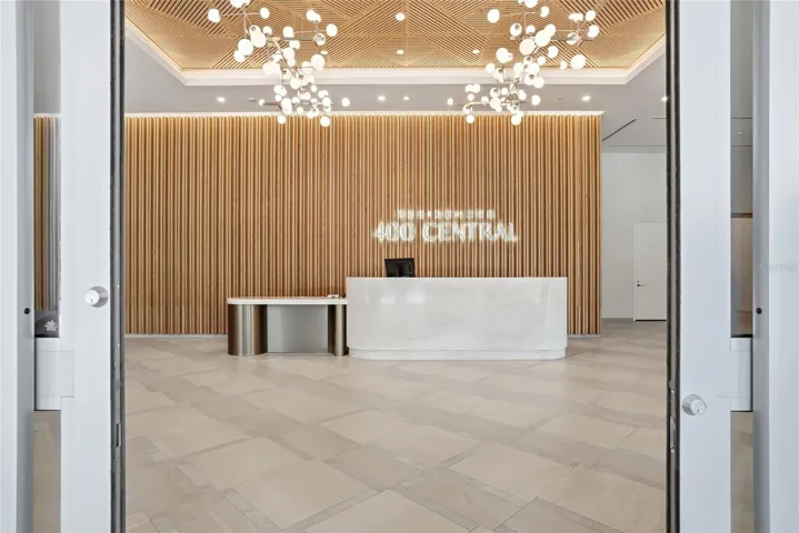 This is 400 Central's lobby with a welcoming 24-hour front desk staff.