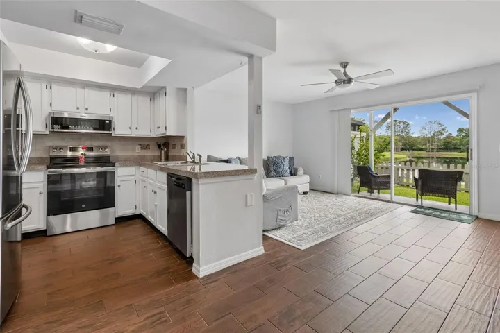 Open kitchen with pond views
