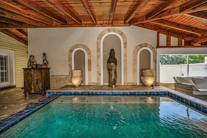 Heated salt-water with fountain. the kind of feature that instantly transforms a home into a private resort.