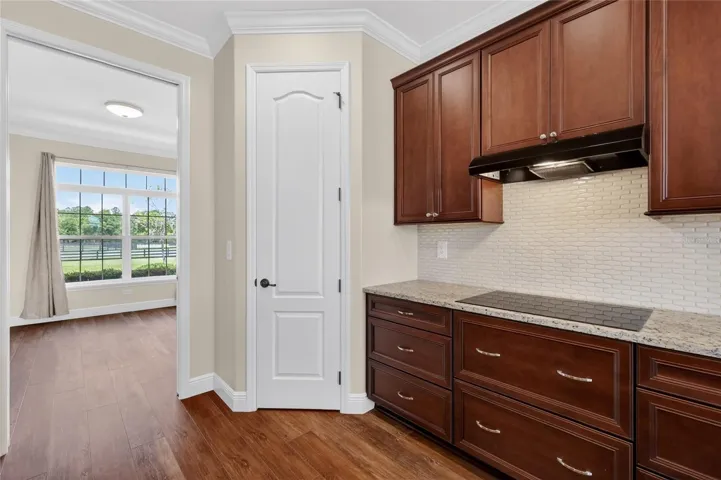 Corner walk-in pantry; induction cooktop
