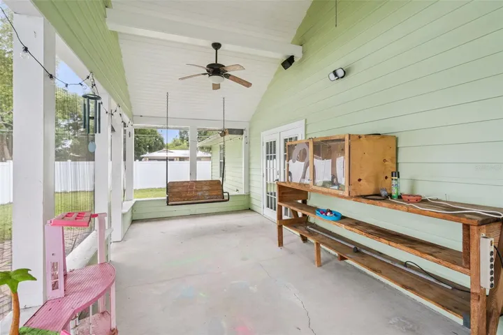 Screened Lanai with ceiling fan, Elevated Ceiling, French doors