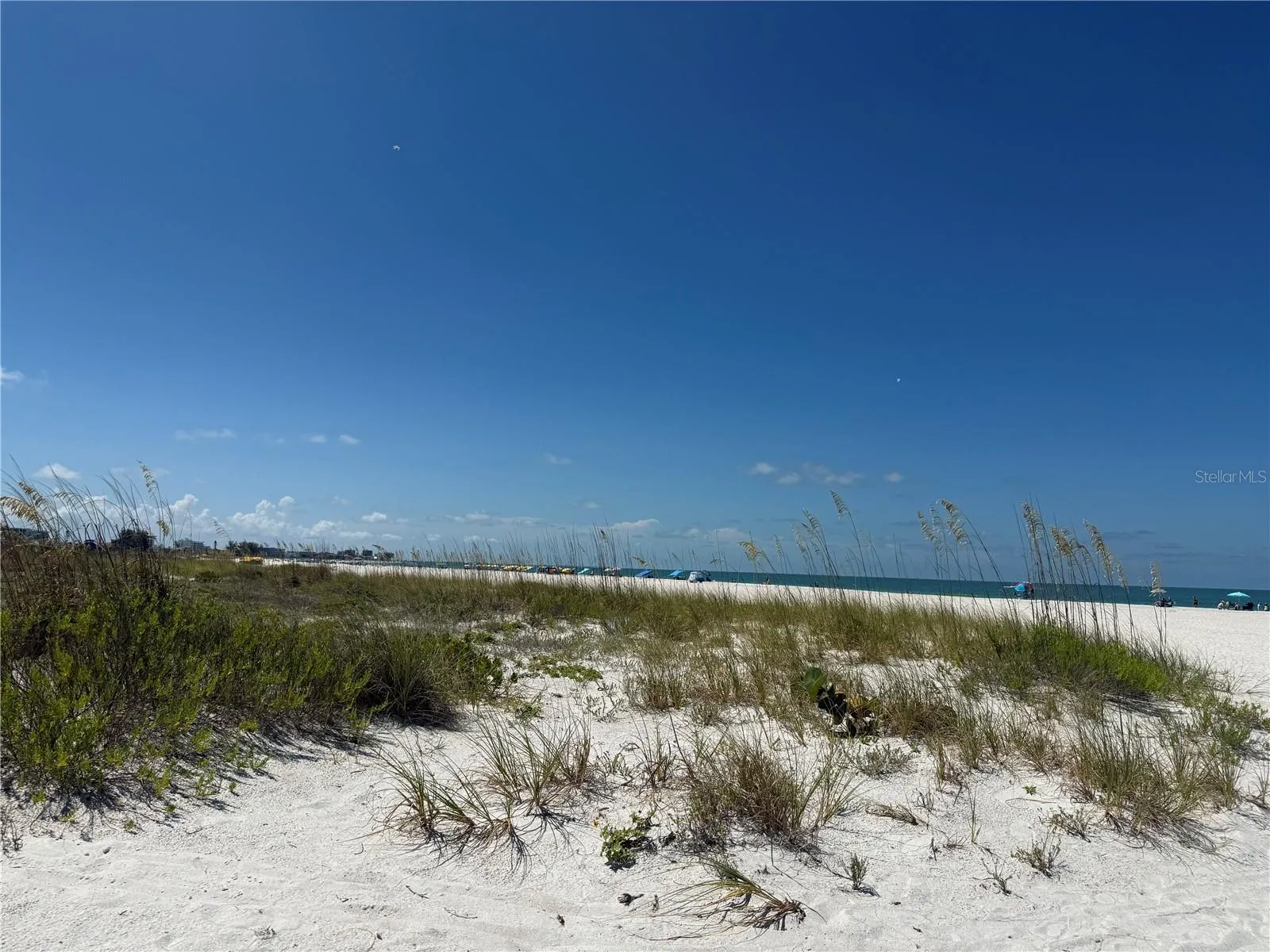 Looking over the dunes to the Gulf. See beach umbrellas in the distance.