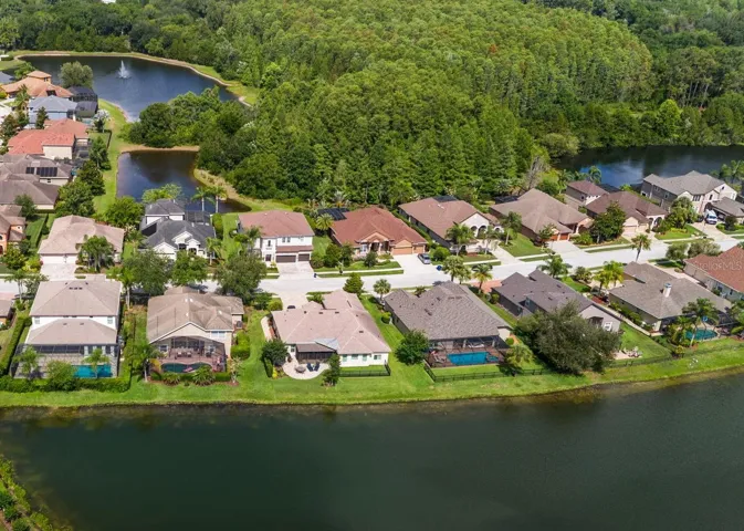 Aerial view of the home’s private lot and water frontage.