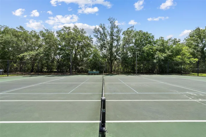 Community tennis court with peaceful natural backdrop.