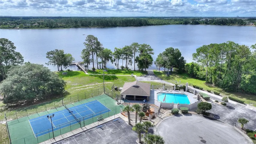 Aerial View of tennis court, community pool