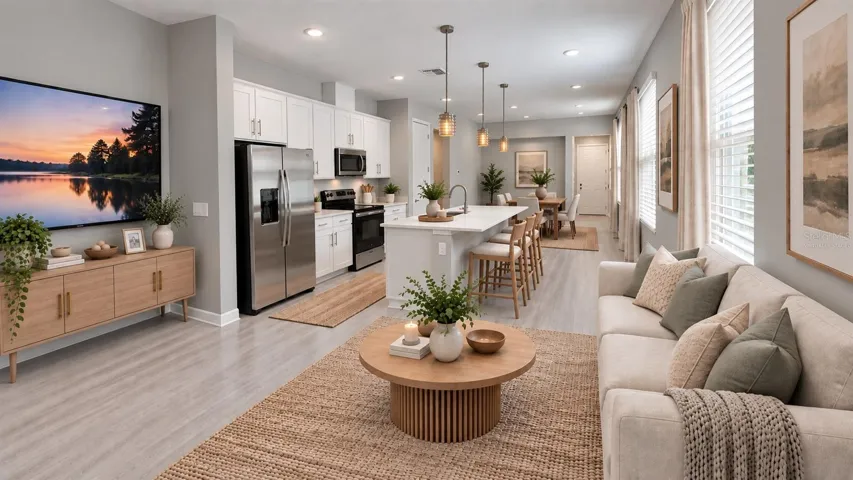 Virtually Staged-Open floor plan-Living room-Kitchen and dining room