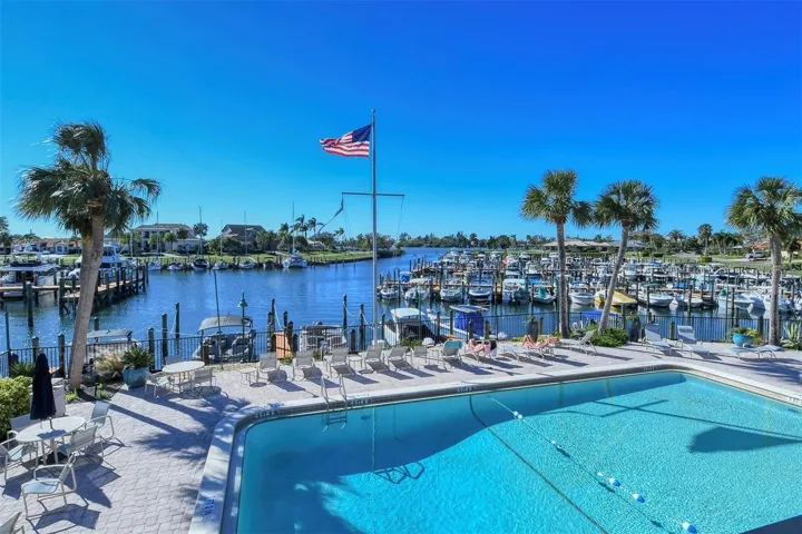 SBYRC clubhouse heated pool looking west out to the marina