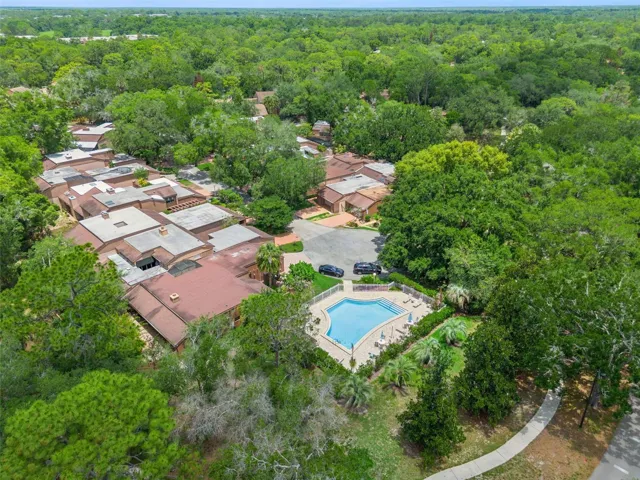 Ariel view of village community pool and cul de sac