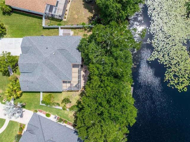 DRONE VIEW OF HOUSE AND TREES AND LAKE