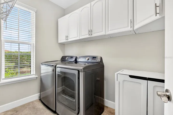 Laundry room with window, built in cabinets and water hook-up for sink