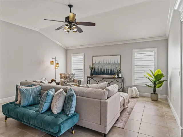 Crown moulding throughout home and plantation shutters