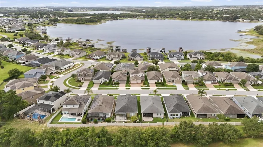 Aerial view of community and John's Lake