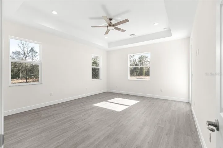 primary suite with tray ceilings