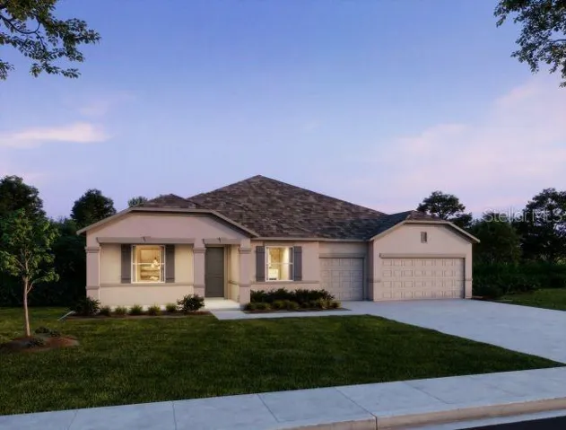 Artist Rendering at Dusk- Model home - actual features may vary. Actual home has side facing garage & metal roof!