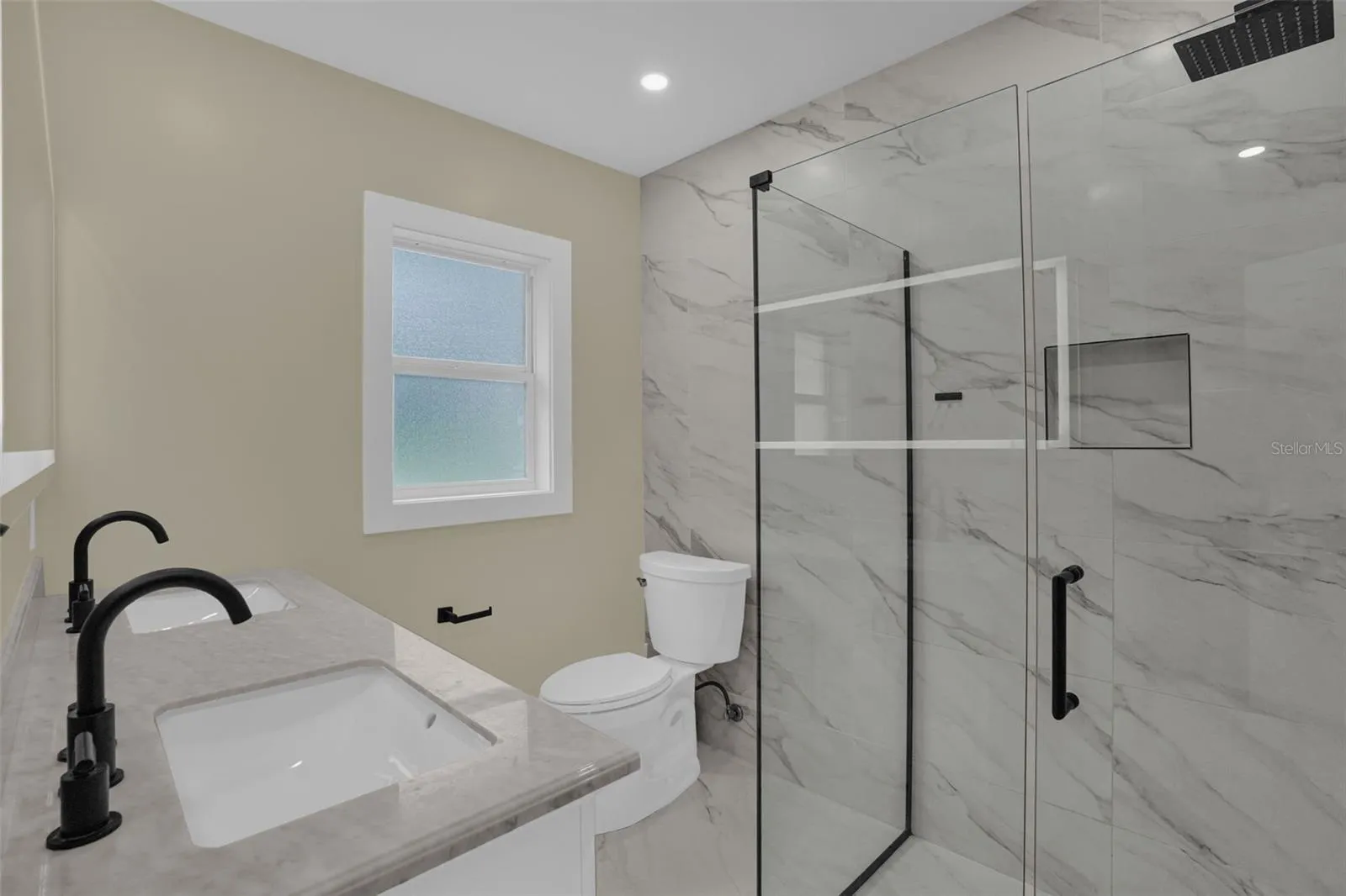 Luxury walk-in shower with frameless glass enclosure and contemporary designer finishes.