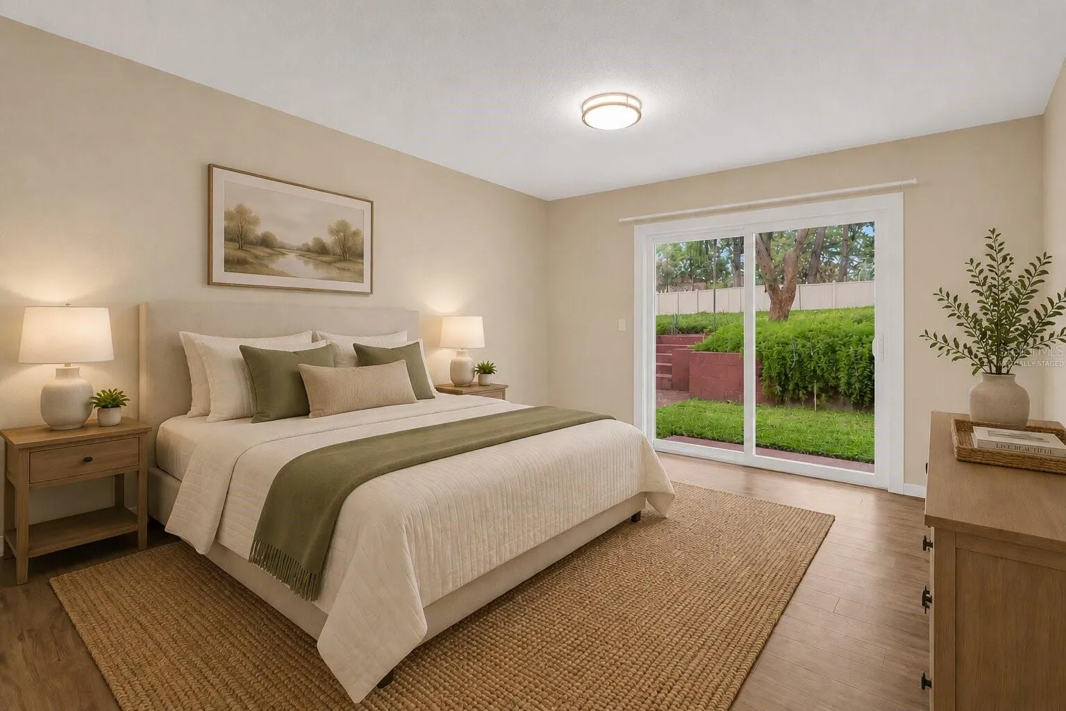 Virtually staged primary suite with private outdoor access and spacious en-suite bathroom