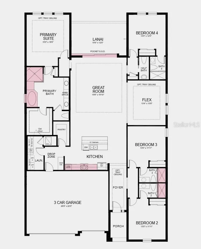 Floor Plan - Additional Highlights Include: gourmet kitchen, tray ceiling package, 8' interior doors, shower in place of tub in the secondary bathrooms, crown molding, and pre-plumb for a laundry sink