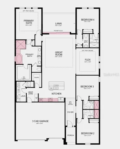 Floor Plan - Additional Highlights Include: gourmet kitchen, tray ceiling package, 8' interior doors, shower in place of tub in the secondary bathrooms, crown molding, and pre-plumb for a laundry sink