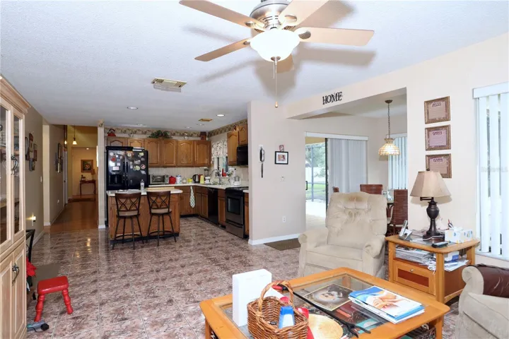 view from family room towards the kitchen area