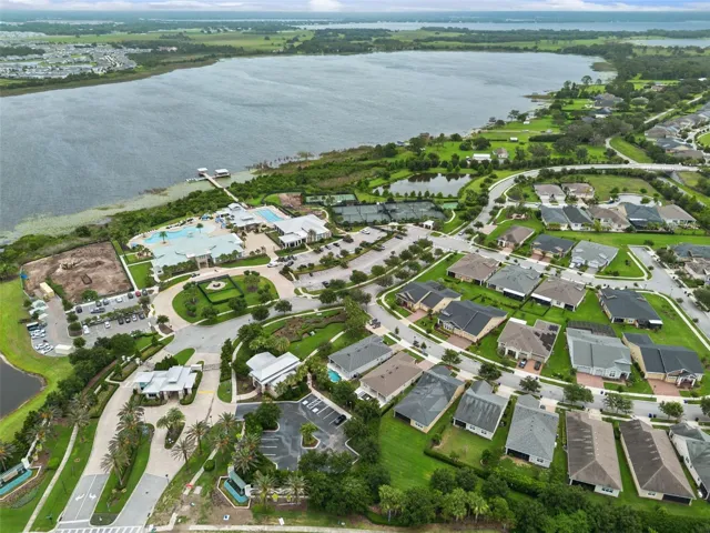Aerial view of amenity center and Live Oak Lake