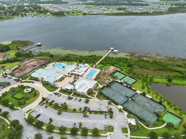 Aerial of amenity center and Live Oak Lake